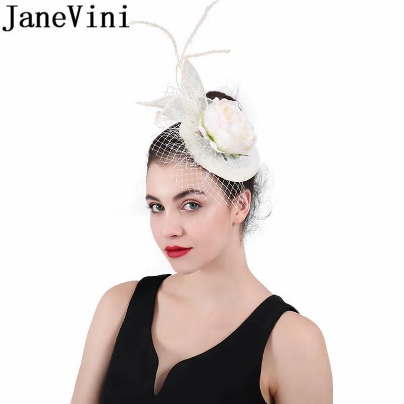 JaneVini Women Wedding Party Facinator Hat Beige Hair Clips Artificial Bride Flower Hemp Yarn Net Bridal Hats Hair Accessories