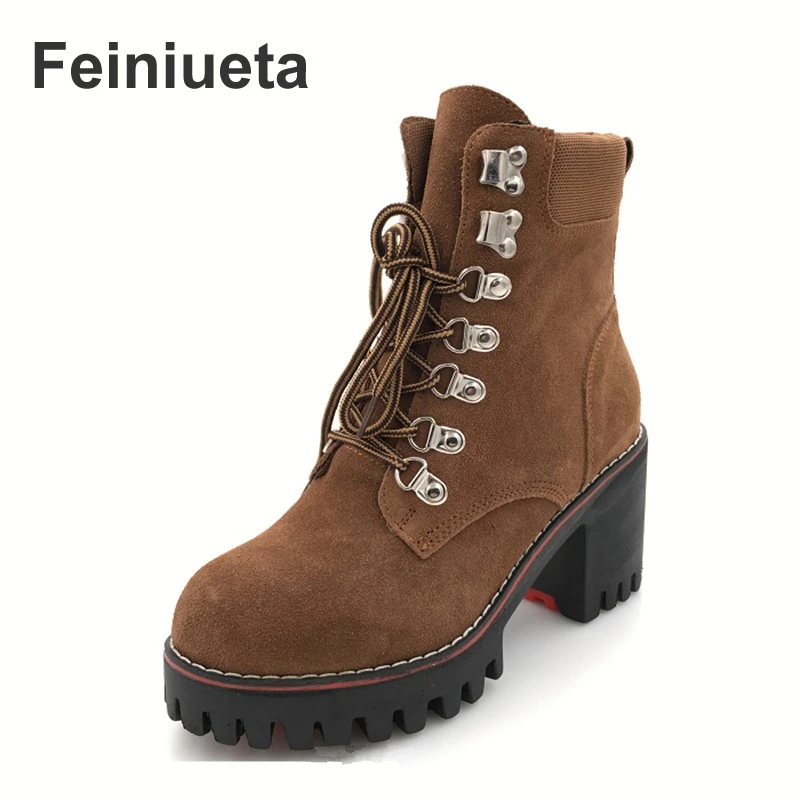 

Feiniueta new autumn and winter wild boots thick with high heel Martin boots plus cashmere women's boots large size shoes 33-43