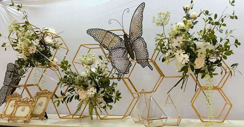 Flone Artificial Creative Hexagonal Wedding Background Layout T Station Road Lead Flowers Props Iron Art Scene Design Decoration (13)