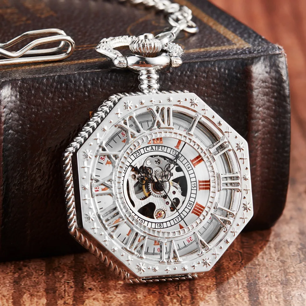 

Luxury Hollow Roman Skeleton Mechanical Pocket Watch Men Women Silver FOB Chain Pendant Steampunk Clock