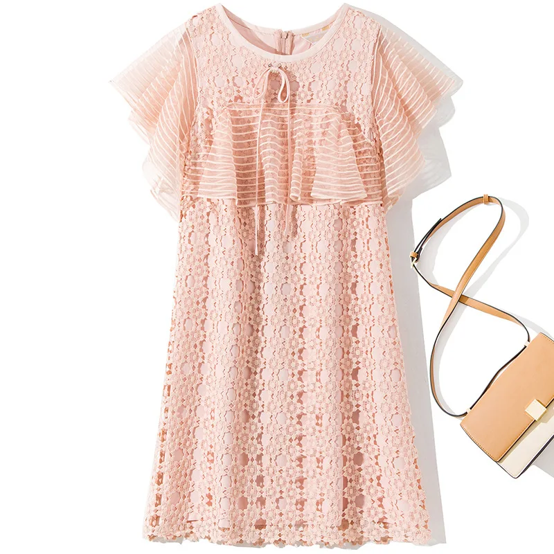 

Mini Dress Women 2019 Spring Summer Round Neck Butterfly Sleeves Mesh Patchwork Solid Color Loose Lace Dresses Above The Knees