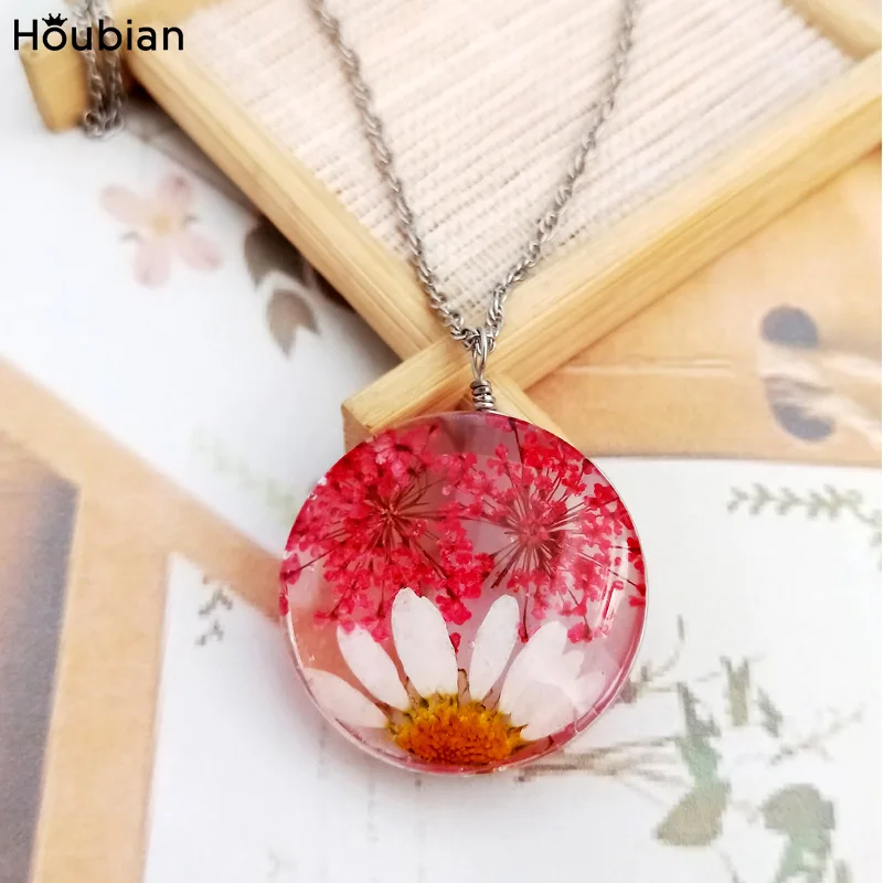 Хоубийский двусторонний стеклянный сушеный цветок ожерелье белая Маргаритка время драгоценный камень жизни Дерево ствол цветок ожерелье