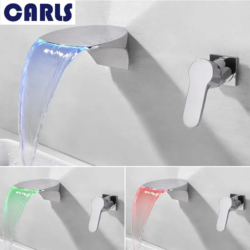 

CARLS Modern Wall Mounted Concealed Copper Washbasin faucet LED Temperature Control Waterfall Hot and Cold Water basin faucet