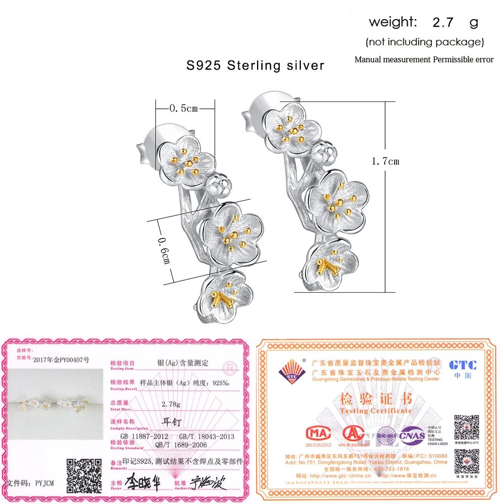 LAMOON Pure 925 Silver Stud Earrings For Women 2 Colors Flower Fine Jewelry Silver & Yellow Romantic Cute Girl Gift EY242