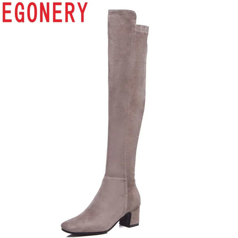 

EGONERY sheos women 2018 newest fashion kid suede high square heel zipper square toe black and grey winter over the knee boots