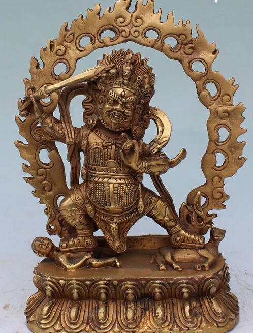 

bi003005 9" Old Tibet Bronze Stand Lotus Mahakala Wrathful Deity Hold Sword Buddha Statue
