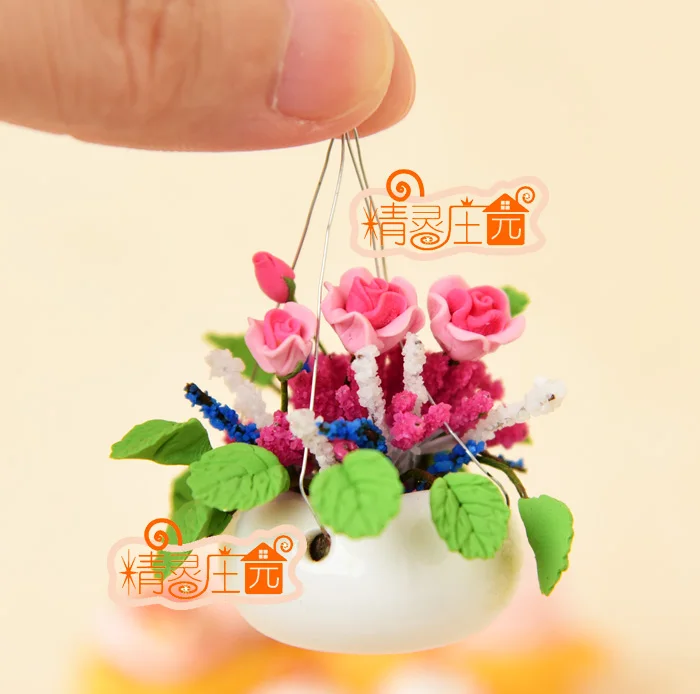 

Hanging ROSE W/ WHITE PORCELAIN VASE flower Clay Plant Dollhouse Miniature