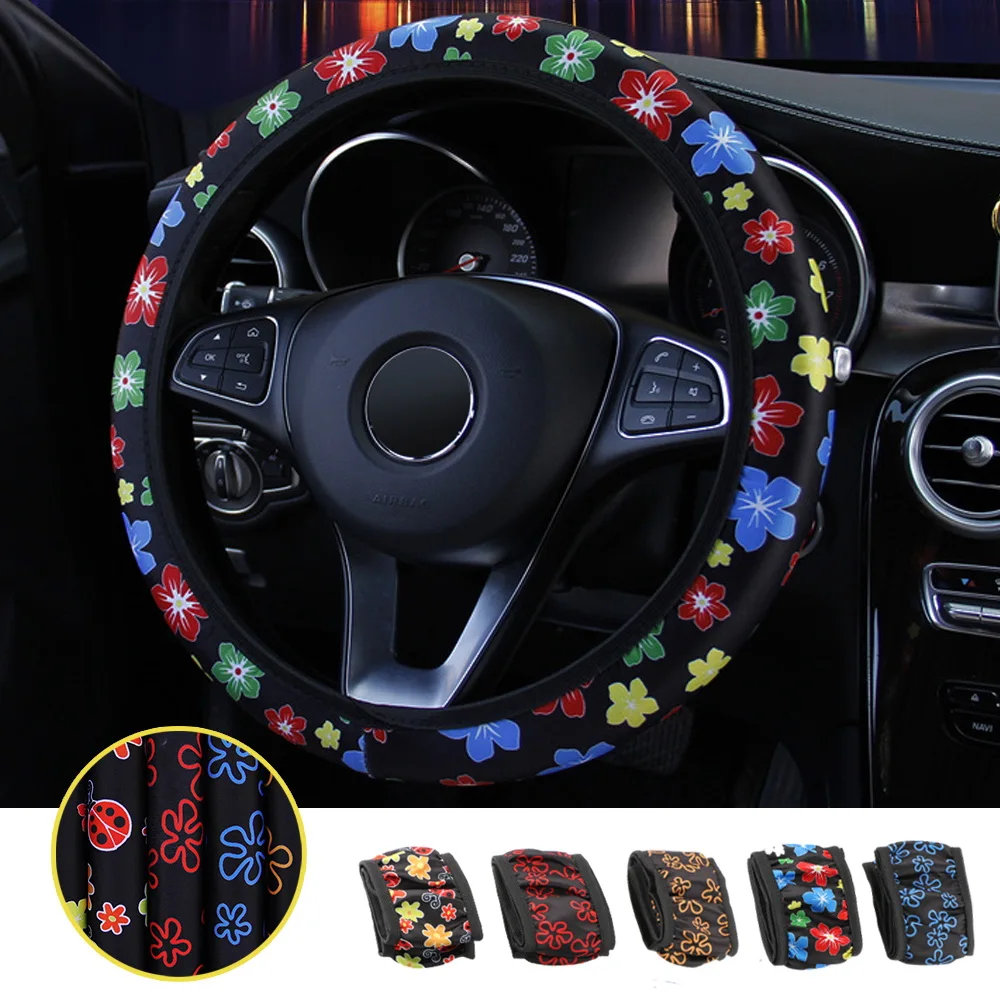 

LEEPEE Interior Accessories Steering Covers Auto Decoration Car Styling Universal Elastic Flowers Print