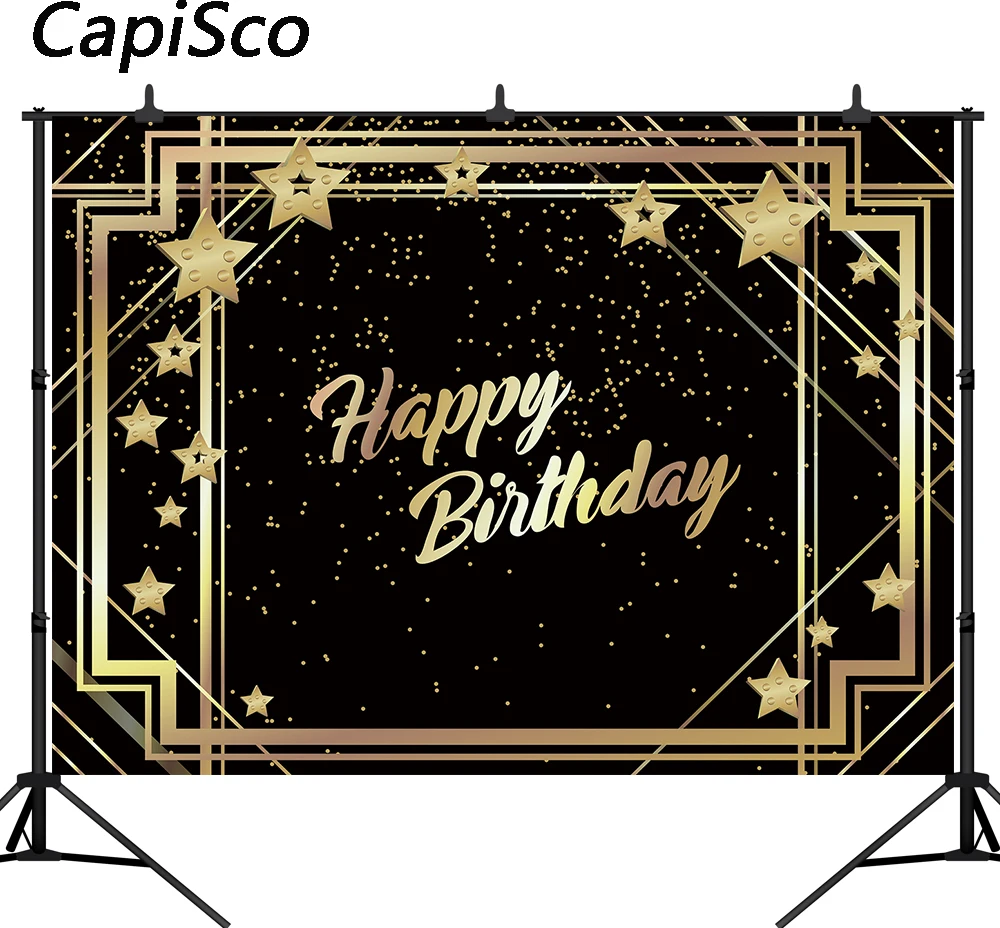 

Capisco Photography Backdrop Happy Birthday Background Black Golden stars Party Decorations Photo Studio Booth Photocall