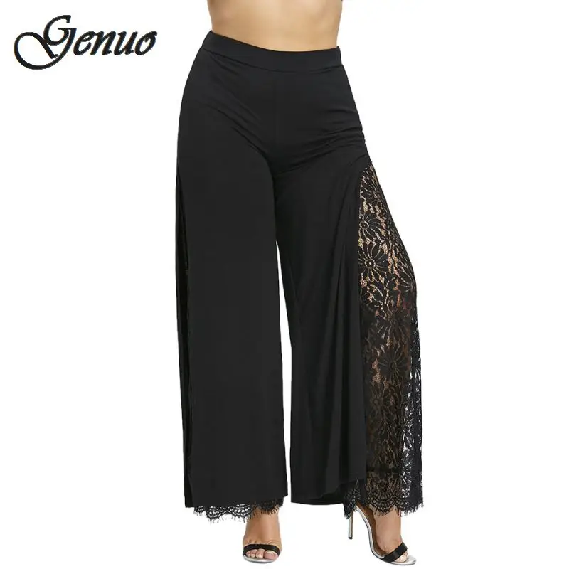 

Plus Size Women Summer Wide Leg Pants Casual Loose High Slit Lace Palazzo Pants Women Trousers Straight Long Big Size 2019