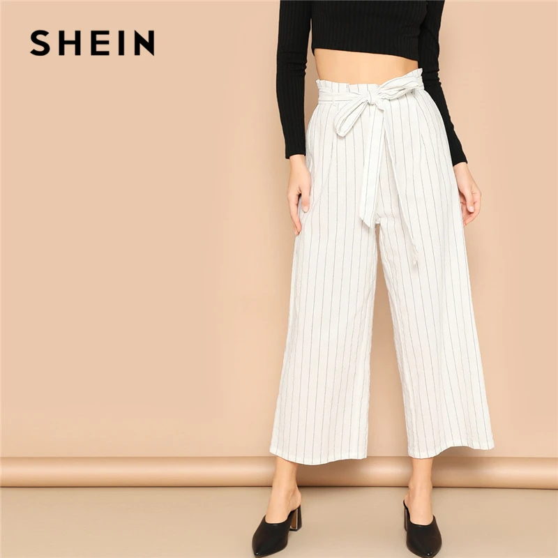 

SHEIN White Paperbag Waist Striped Wide Leg Pants Women Belted Crop Trousers Office Lady 2019 Spring Elegant Boho Workwear Pants