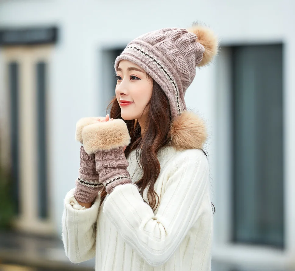Зима Новая шапка перчатки набор кроличья шерсть зимние вязаные шапки для женщин перчатки милый теплый комплект хорошего качества - Цвет: Хаки