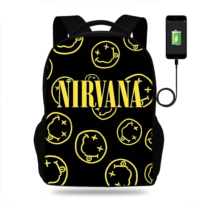 

Smile Nivana Band Boys Multifunction Laptop Backpack Rock Band USB Charging School Bags for Women Men Fans Travel Girls Bag
