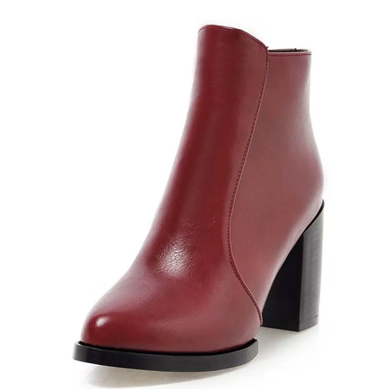 

Big Size 34-43 PU Leather  Square High Heel Ankle Pointed Toe Zip  Boots For Women 3-color  New Fashion Boots