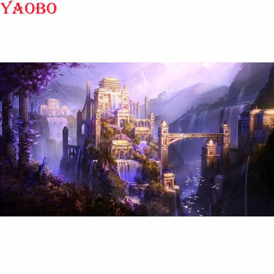 

Dream castle waterfall Diamond Embroidery sale 5D DIY Diamond Painting full round Diamond Mosaic painting Rhinestone Home Decor