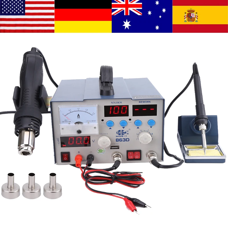 

3 in 1 Hot Air Soldering Station Kit LED Digital Solder Heat Gun Rework Station ESD SMD SMT Welding Repair Machine Best Offer