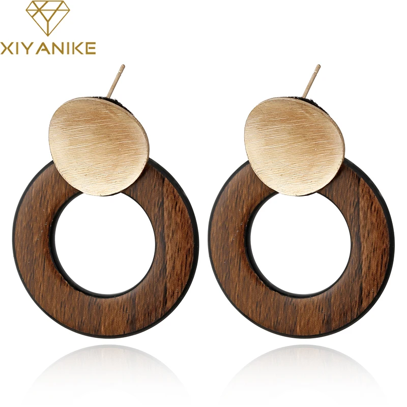 

XIYANIKE 2019 New Simple Vintage Gold Metal Round Circle Wooden Button Drop Earrings For Women Girl Bijoux Fashion Jewelry E47