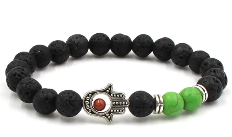 

8mm fh3d Hand Eye silver ball black stone volcanic lava nature black stone green turquoise Bracelet Reiki Chakra Fashion