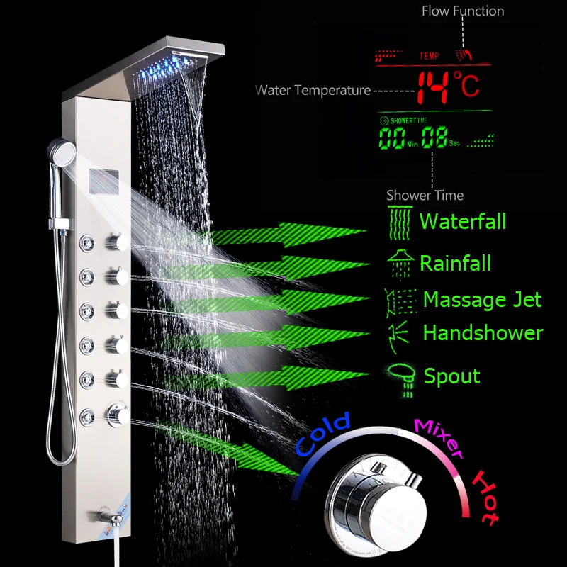 Температура цифровой экран душевая колонна башня Нержавеющая сталь светодиодный душевая панель система дождь водопад душевая головка спа массаж струи