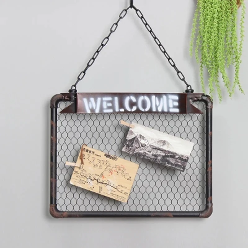 

American creative retro grid note board photo wall decoration background wall wrought iron grid wall hanging iron frame clip com