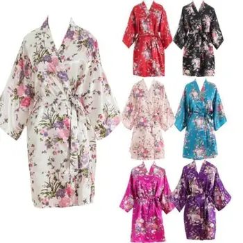 

2019 Women Summer Dress Floral Print Long Bride Robe Satin Silk Night Dressing Gown Bathrobe Kimono Mini Party Dress Vestidos