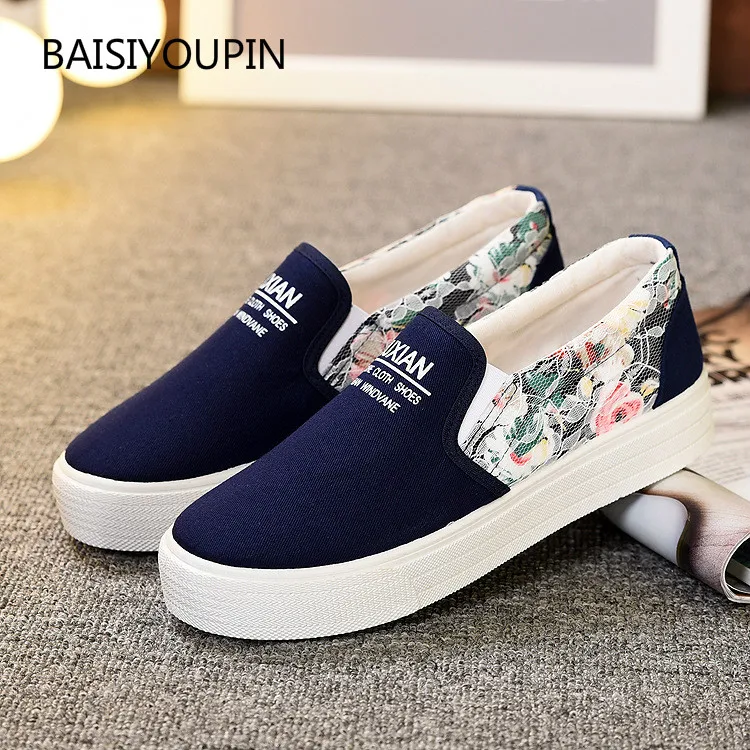 

Canvans White Casual Flat lady Shoes Platform Elastic Band Slip On Flats Flower Lightweight Non-Slip Female Student Cloth Shoes