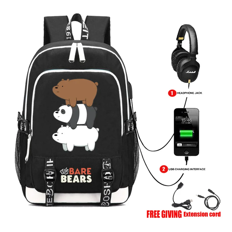 

We Bare Bears Brown Ice Bear Bookbag Rucksack Student School Bag For Boys Girls Travel Backpack USB Port Mochila Black Backpack