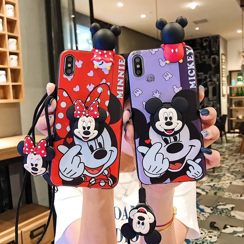 

3D cute cartoon Minnie lovely stand holder lanyard silicone TPU phone case for iphone 7 8 X XR XS MAX 6S plus