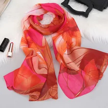 Fashion Chiffon Scarf Women Lotus Printing Long Soft Women Wrap Scarf Lady Shawl Scarves Chiffon Slik Ladies For Women Summer chic exuberant peonies and leaves pattern shawl wrap chiffon scarf for women