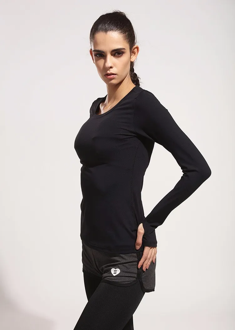 Новинка, осенняя Женская Черная Спортивная футболка с длинным рукавом, футболка для фитнеса, спортзала, бега, быстросохнущие рубашки для йоги, G-062