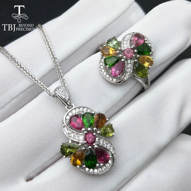 

TBJ,100% natural 6ct colorful tourmaline jewelry set in 925 sterling silver gemstone pendant and ring for lady with gift box