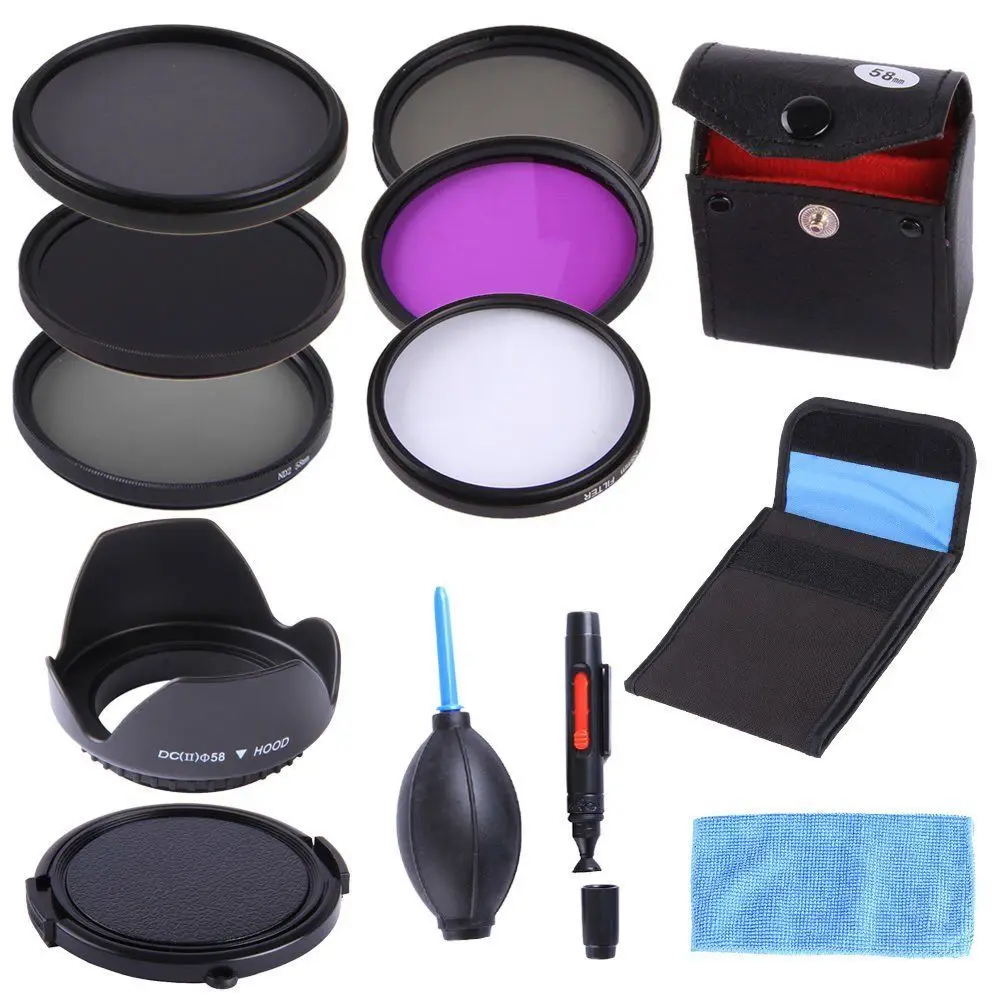 58mm 58 mm UV CPL FLD ND 2 4 8 ND Filter Kit + Lens Hood + Lens Cap +3