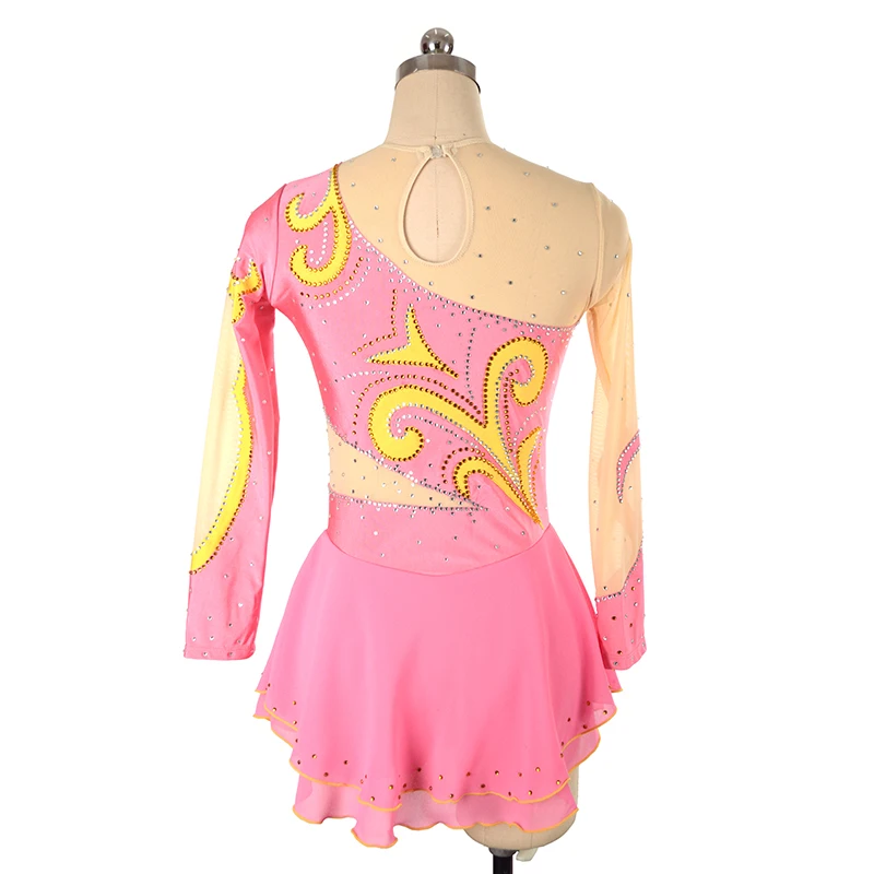 customized clothes figure skating dress rhythmic gymnastics long sleeve pink adult child girl show skirt performance rhinestone