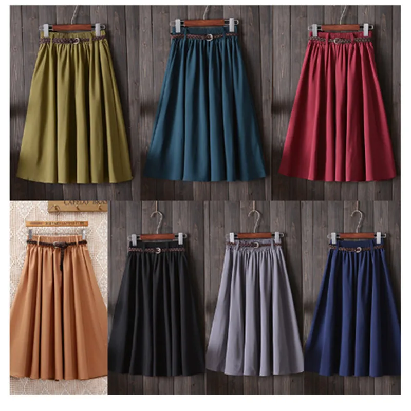 

oufisun Summer Midi Knee Length Skirt Women With Belt 2019 Fashion Korean Ladies High Waist Pleated A-line School Skirt Female