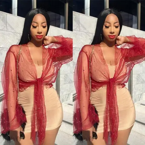 

Summer New Fashion Women Blouses Mesh Sheer See-through Long Sleeve Crop Top Casual Shirt Blouse Sexy Women Girls Clothes