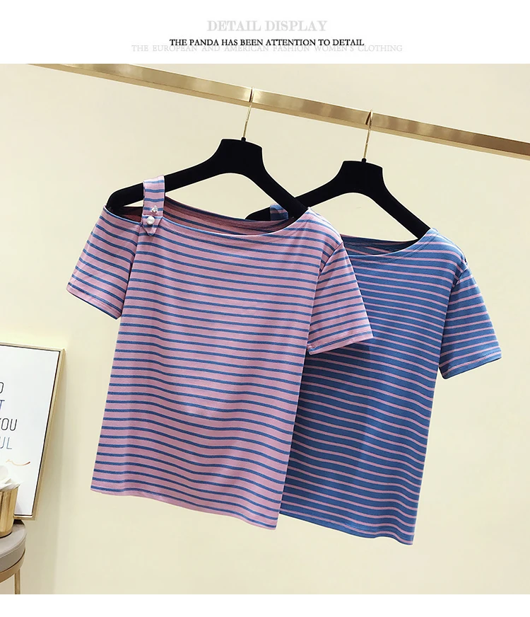 gkfnmt T-Shirt Cotton Striped Slash Neck T Shirt Women Ladies Tshirt Summer Top Female Short Sleeve Casual Tee Shirt Femme