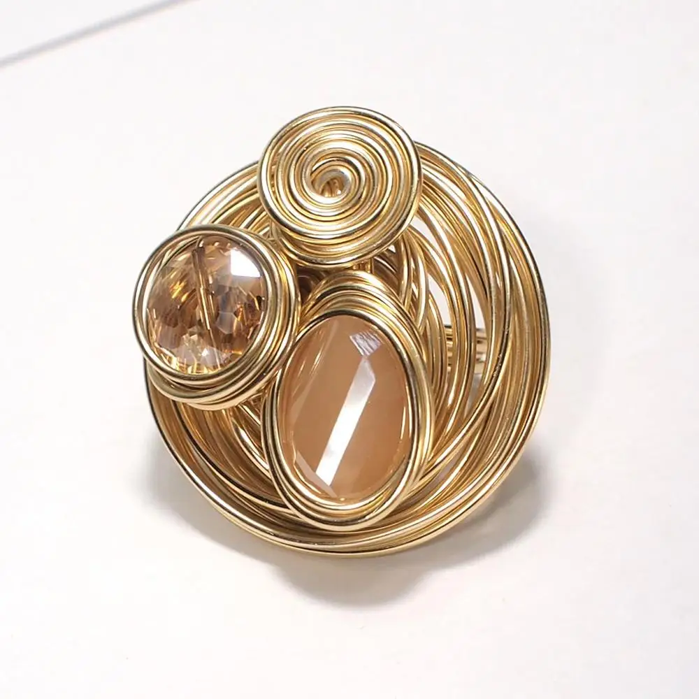 Gold Color Rings Finger Ring Gold Color Ring Boho Handmade Big Champagne Crystal Rings For Women Fashion Jewelry Gold Color Wire Helical Wound Beads Finger Ring