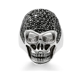 

925 Sterling Silver Black CZ Pave Big Skull Rings, High Quality Thomas Style Skull Skeleton Ring Jewelry Gift for Women Men