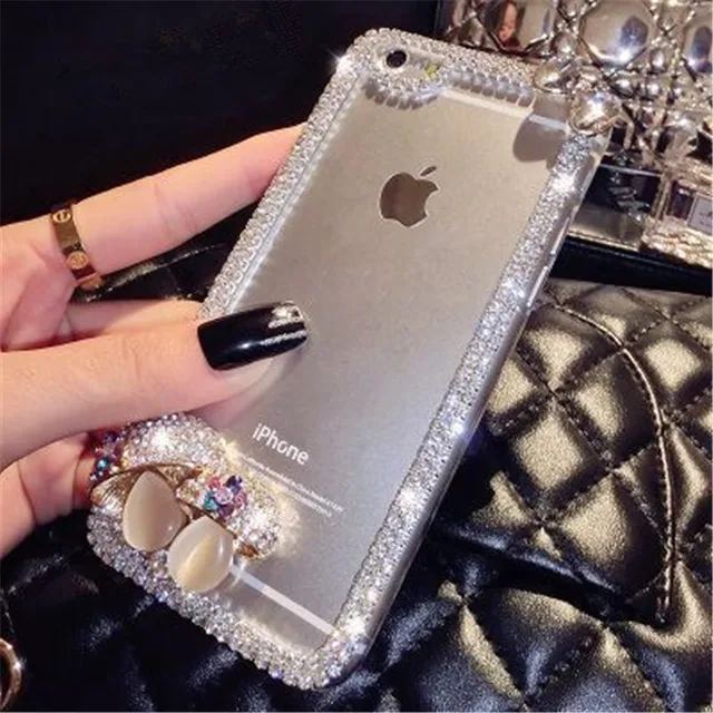 For iPhone 5C 5S 6 6S 7 8 Plus X Cute Fox Bling Rhinestones Diamond Chain Glitter Phone Case Soft Rubber Transparent Back Cover