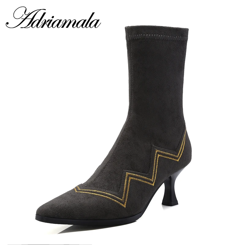 

2018 Flock Ladies High Heel Boots Slip-on Basic Round Toe Spike Heels Sewing High Heels Ladies Mid Calf Boots Adriamala
