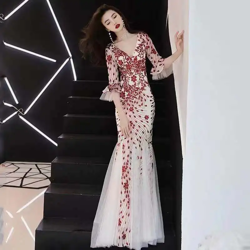 

TANYA BRIDAL Champagne V-Neck long Backless Evening Dress Three Quarter Sequined Formal Prom Dresses Lace 2019 JQ429