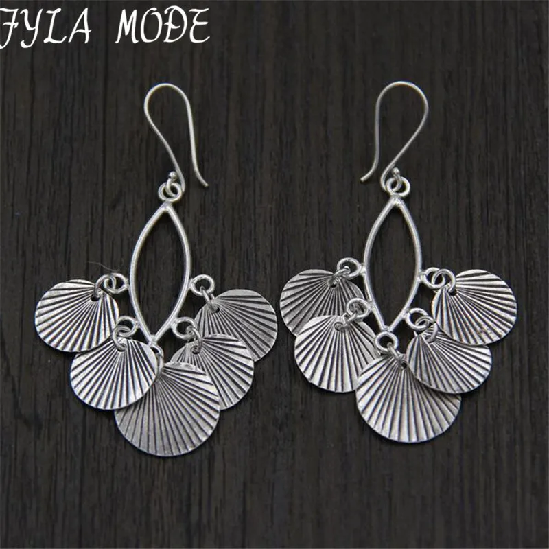 Fyla Mode New Women 925 Thai Silver Long Statement 5 Round Charms Carved Dangle Earrings Brincos 30*53MM 12.40G WTH026 | Украшения и