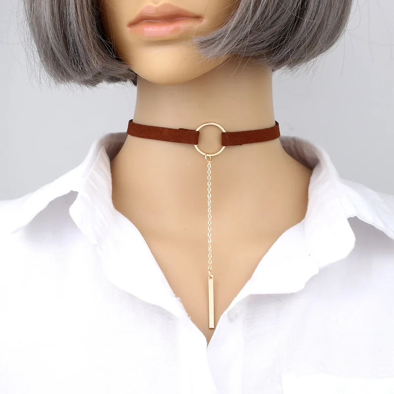 Seblasy Punk Long Statement Leather Necklaces Circles Stripes Choker Necklaces for Women 2 Color