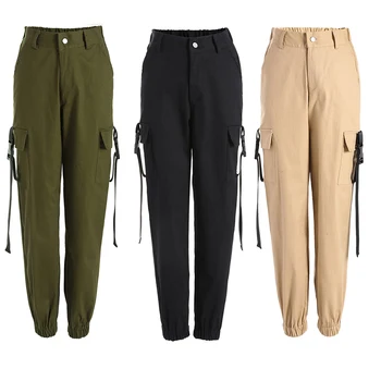 

Casual Women Streetwear Cargo Pants Casual High Waist Side Pockets Female Trousers Ladies Long Pants