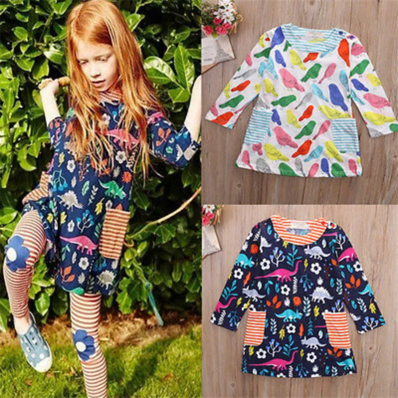 

Srping Autumn Cotoon Casual Girls Dress Printed A Line Long Sleeve Girls Dress Patchwork Birds Girls Mini Dresses 1-5 Years