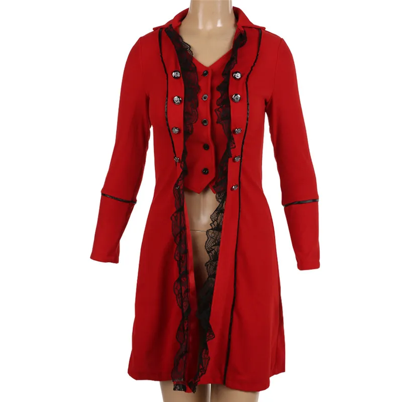 Костюмы для взрослых женщин в викторианском стиле, черный, красный смокинг, фрак, длинная куртка, стимпанк, неравномерное пальто, наряд, пальто, униформа - Цвет: Красный