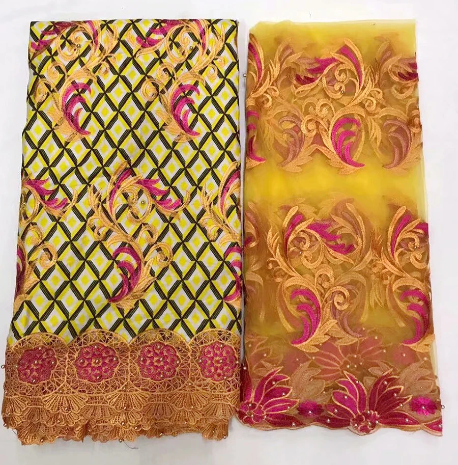 

2018 yellow african wax with lace fabric with beads tulle lace fabric nigerian gele headtie mesh embroidery fabric 6+2yard/piece