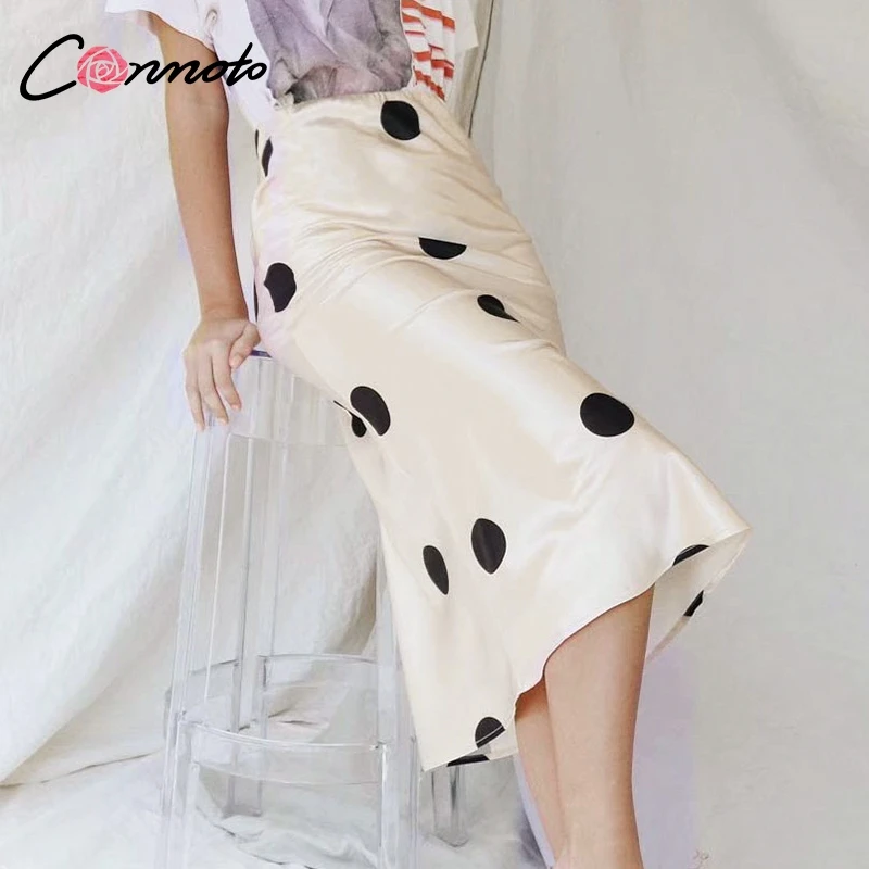 Koop Conmoto Polka Dot Hoge Taille Knielange Rok Vrouwen 2018 Herfst Winter Casual Hip Rok Elegante Kantoor Dames Satijn rok