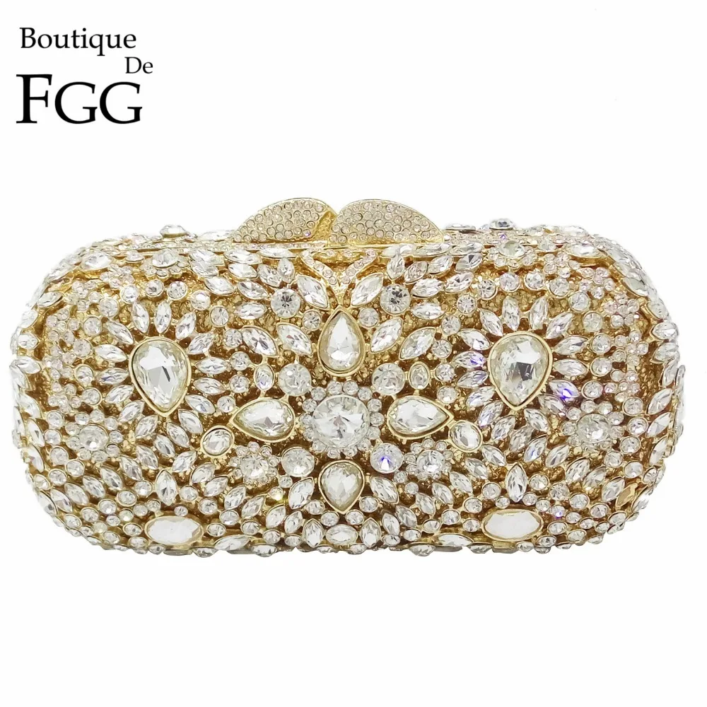 

Dazzling Gold Plated Clear Crystal Women Evening Wedding Cocktail Handbag Clutch Hardcase Metal Box Bridal Chain Shoulder Purse