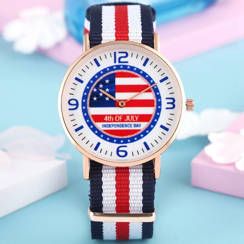 

American Flag Independence Day Pattern Quartz Watches Men's Detachable Clock Fabric Nylon Canvas Band Unisex Gifts for Men Women